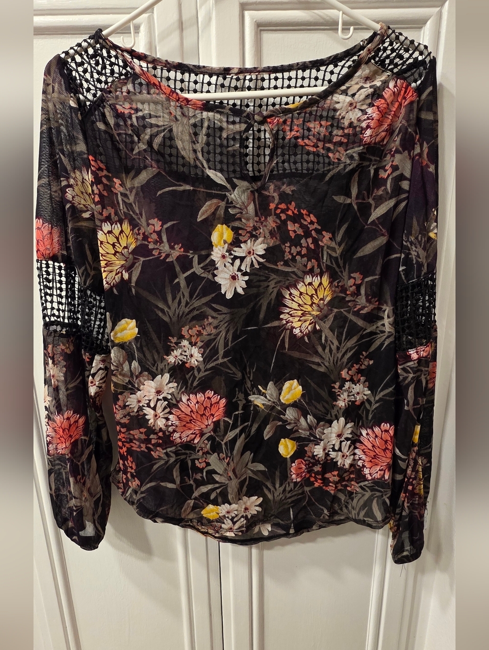 INC International Concepts Black Sheer Floral Blouse Pink & Yellow Flowers ~ Med